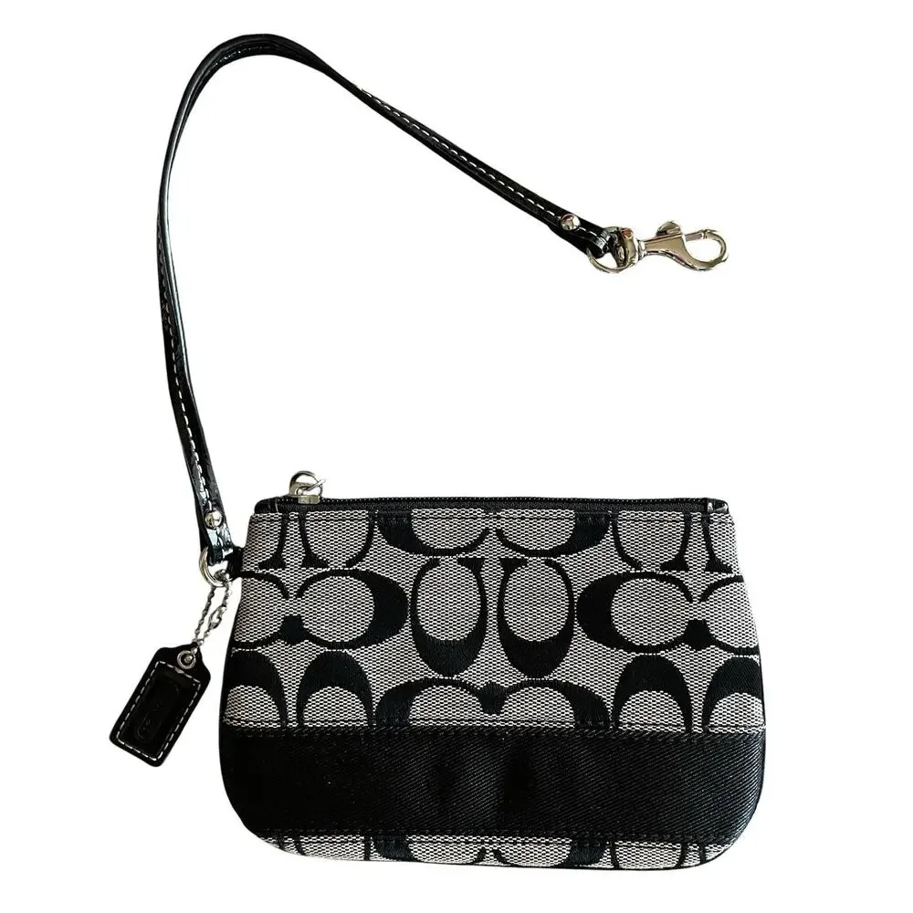 COACH Black Gray Signature Jacquard Stripe Leather Trim Wristlet Top Zip Bag Tag
